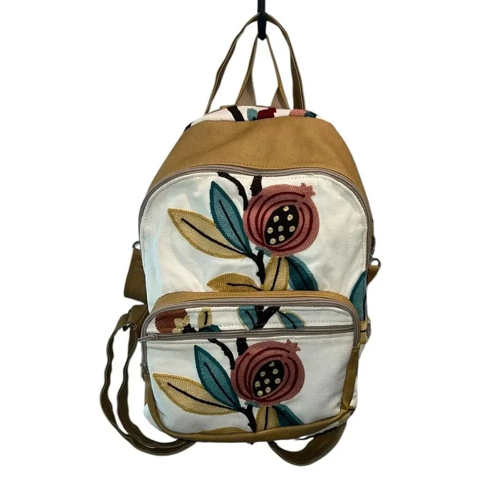 Boho Embroidered Floral Convertible Backpack Purse Canvas & Faux Leather